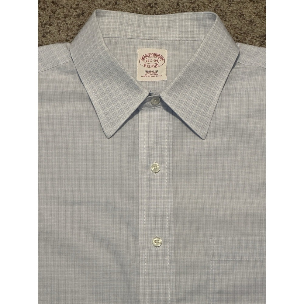Brooks Brothers Regular Fit Light Blue / White Plaid Button Up Shirt 16.5"/34"